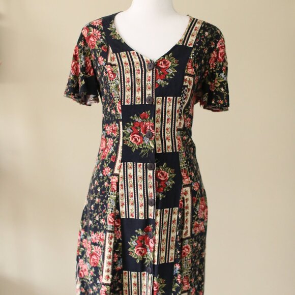 Vintage 90s Navy Floral Button Up Mini Dress (XS) - Picture 2 of 7